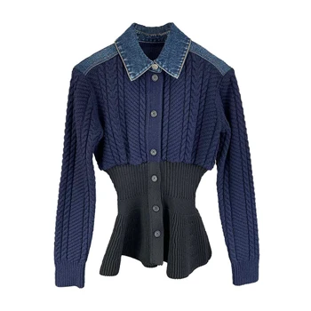 2021 Нов дамски пуловер от плат деним, изработена в стил мозайка, женски възли жилетки Реколта с дълъг ръкав, тънък изискан женски палта есен