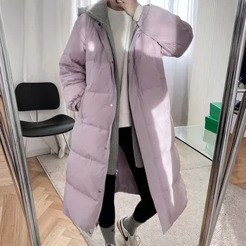 2021 Дамско зимно топло палто с дълги ръкави с качулка За жени със стил оверсайз, бяла яке на утином топола, палта Casaco Feminino, женски топло палто