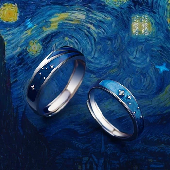 Любовник на Слънцето и Луната Двойка пръстени Просто открывающееся пръстен на Ван Гог за двойки Мъже и жени Годежен обещание за Свети Валентин Бижута