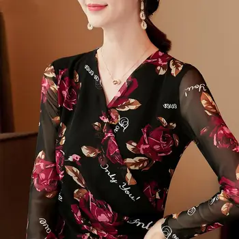Дамски пролетно-летни блузи в нетната стил Женска Риза с дълъг ръкав с принтом V-образно деколте, Елегантни, ежедневни блузи SP8737