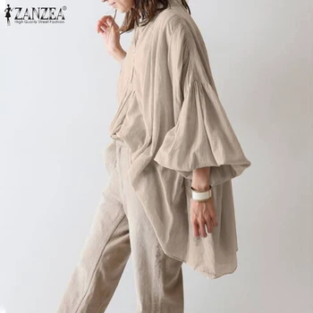 ZANZEA Есенна однотонная блуза с Модерна дамска риза с дълъг ръкав-фенерче, Ежедневни елегантна блуза, дамски свободна туника, потник, риза