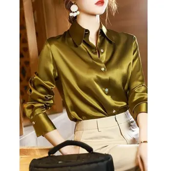 Брендовое качеството на Луксозна дамска риза с Елегантен офис ризи с копчета и дълъг ръкав Momi Копринени сатен блузи крепа от Бизнес-дама в Топ