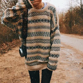 Реколта жакард пуловери с шарките на каки за жени Пуловер със средна дължина, с кръгло деколте Плюс Размера на Елегантна дама Есен Зима Американски стилен