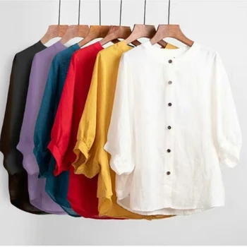Реколта Блузи с къс ръкав с пищни ръкави Летни ленени ризи, Дамски дрехи големи размери Дамски Свободна женска риза Блуза Ежедневни 13626