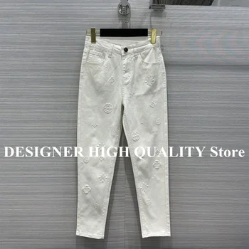 Висококачествени модерни дизайнерски Дамски дънки с бродерия на цветя модел тесни дънкови панталони с висока талия Градинска облекло Луксозни дънки