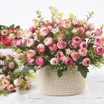 1 Букет от Висококачествени Изкуствени Цветя Роза Малка Пъпка Фалшив Цвете от Коприна Флорес за Домашна Градина Сватбена Маса за декорации DIY