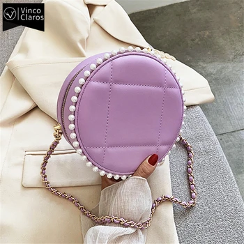 Качествена мека изкуствена кожа, Дамски кръглата чанта на рамото Тенденция перлени веригата Чанта през рамо за жени Луксозна дизайнерска чанта-месинджър