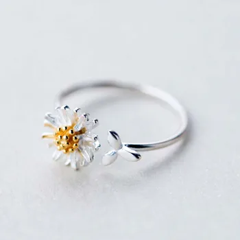 Сладки Малки пръстени с маргаритками за жени Сребрист цвят, Цвете с Отворен пръстен във формата на лист Регулируем Размер Модни Бижута аксесоари за Подарък