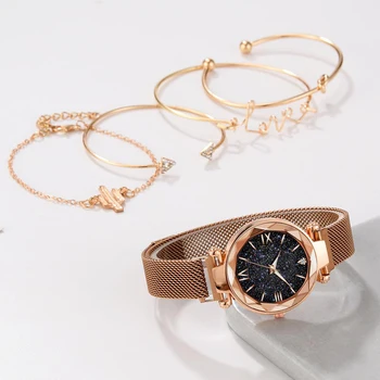Луксозни дамски часовник Магнитно Звездното Небе Дамски часовник Кварцов 5 бр. комплект от часовници, Модни дамски ръчни часовници relogio feminino
