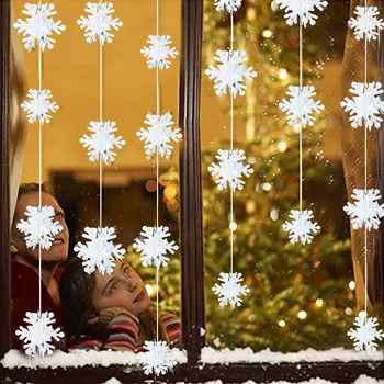 Коледна украса за дома Хартиени гирлянди от снежинки, Висящ банер за парти Навидад, Аксесоари за декорация, Бели украса от снежинки