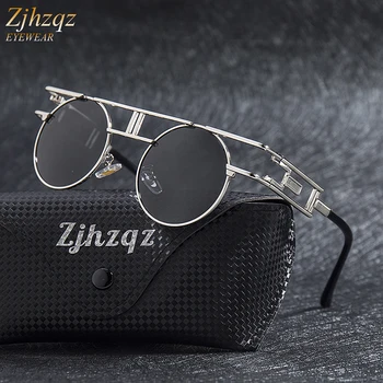 ZJHZQZ Дамски Маркови и дизайнерски кръгли мъжки готически слънчеви очила Vintage слънчеви Очила Качествени Метални Поляризирани слънчеви очила в стил Steampunk