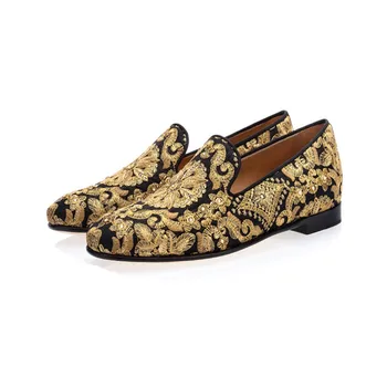 Бродирана кожена Мъжки обувки модерен модни обувки със златни цветя, Ежедневни мокасини, мокасини, мокасини, Дишаща удобни обувки за шофиране