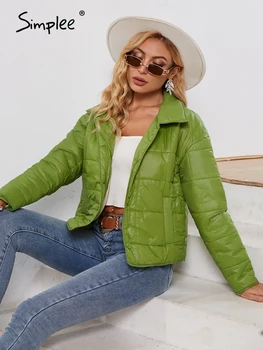 Simplee зелен джоб с ревери дамски къси зимни паркове Случайни идиличен стил топло стеганое палто 2021 Офис мода якета