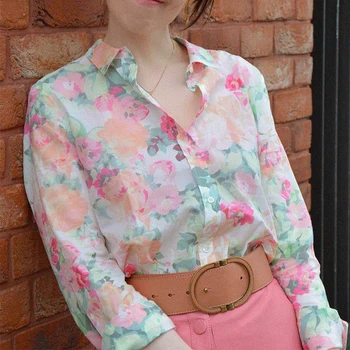Романтична тениска с цветовете на Пролет Есен За жени с дълъг ръкав Класически яка Луксозни ризи с принтом Дамски елегантни ежедневни ризи Mujer