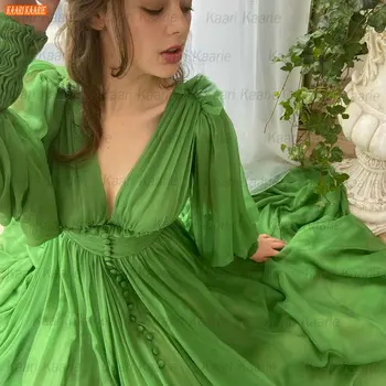 Green V Neck Evening Dresses 2021 Vestidos De Fiesta De Noche Long Sleeve вечерна рокля женкое A Line Шифон Women Party Gown