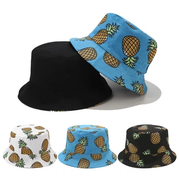 Модни двустранен шапка-кофа с принтом ананас на жени, мъжки дрехи, Лятна ежедневни Панамская шапка, Солнцезащитная шапка за риболов, Риболов с шапка, Кост