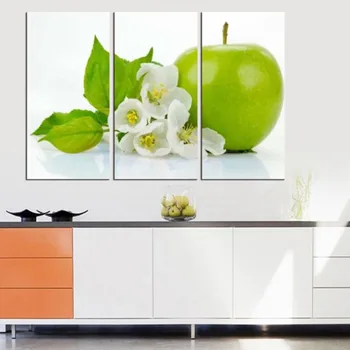 3 бр. стенни картини за кухня плодови живопис печат върху платно, зелена ябълка модерна декорация трапезария картина