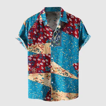 Лятна мъжка риза 2021 Хавайски памук, ленени ризи с къс ръкав Цветен принт Отложной яка Свободни Ежедневни ризи Мъжка риза