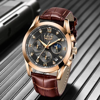 2021 LIGE Нови модни мъжки часовници Най-добрата марка на Луксозни Военни Кварцов часовник Премиум Кожа Водоустойчив спортен часовник с хронограф За мъже