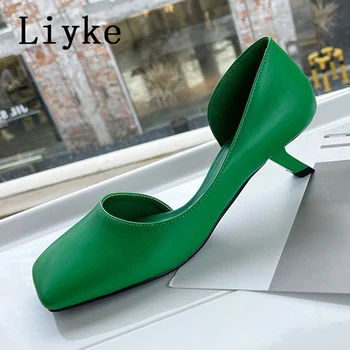 Liyke Зелени дизайнерски сандали на токчета 2022 Нова Мода Високо Качество Уютна кожа Квадратен чорап Плитки обувки-лодка Дамски обувки като мулета