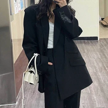 GALCAUR Корейски Модерен черен блейзър За жени с зазубренным дълъг ръкав минималистичен извънгабаритни обикновена якета Дамски Пролетно нови дрехи 2021