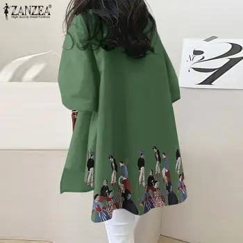 Дамски модни блуза с принтом 2022 Елегантен силует с ревера и дълъг ръкав Blusas ZANZEA Свободни празнични копчета Работна туника Върховете на извънгабаритни
