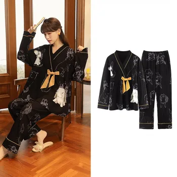 Новата есенно-зимна пижама Комплект за жени с дълги ръкави от чист памук, Японски панталони-кимоно Костюм Сладък карикатура Дамски домашно облекло