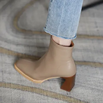 2022 Нови дамски обувки ПУ обувки челси Модни ботильоны на висок ток, със страничен цип ботильоны на площада обувки дамски обувки дизайнерски обувки