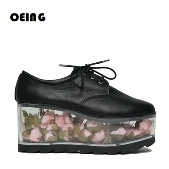 Пролет Есен Дамски обувки на плоска подметка с прозрачно дъно Прозрачна платформа с кръстосани завязкой Черна и бяла кожена Ежедневни обувки Zapatos De Mujer