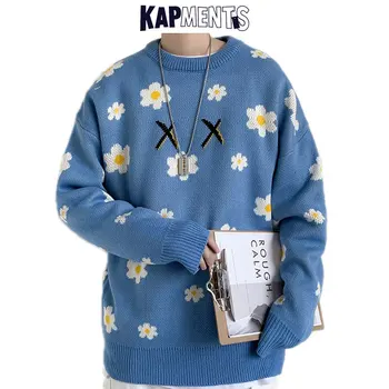Пуловер с качулка за мъже със стил пуловери с флорални принтом 2021 Зимни мъжки Harajuku Свободните пуловери с кокетками Мъжки реколта hoody