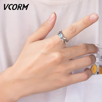 VCORM Модни Очарователен пръстен със син кристал, за жени, момичета, цирконии, Сватба парти, Луксозни Богемные пръстени с кристали, Бижута подарък