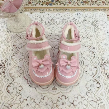 Обувки Apanzu Лолита Розова 2021 Зима Плюс Кадифе топло обувки на равна подметка Maiden обувки в японски стил Kawai с космат нос Обувките Мери Джейн
