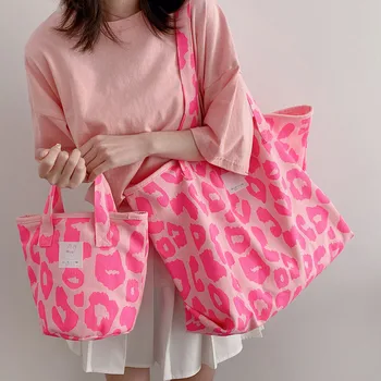 Розова Леопардовая Холщовая чанта за жени с Голям Капацитет с една чанта на рамо, Модерен Всекидневен стил Дамски тенденция чанта Преносима чанта