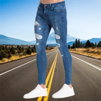 Дънки Wihte Мъжки тесни дънки с еластична талия Мъжки 2021 Участък Скъсани панталони Градинска дрехи Мъжки Висококачествени пътеки Дънкови дънки Сини