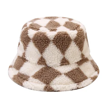 2021 Нови зимни шапки-кофи с бриллиантовым принтом от вълна от овце Рибарска шапка За мъже и жени сгъстено топли панама от изкуствена кожа Мека
