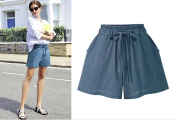 2020 къси Панталони големи размери за дамски Ся Песен тясна талия свободна висока талия широко крака тънък разрез имитация на ежедневни памук