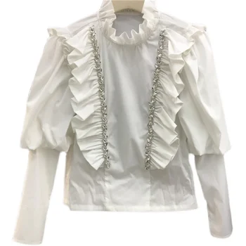 2021 Есенна дамска мода Сладко момиче с дълъг ръкав взъерошенная заплатанная риза Однотонная блуза с висока плиссированным яка Топ