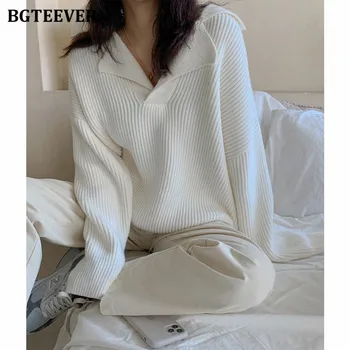BGTEEVER Елегантен отложной яка Свободни дамски блузи с дълъг ръкав Обикновен женски възли пуловери 2021 Есен Зима Трико