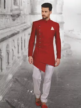 2022 Модерен дизайн Дълга мъжки костюм Индийското сватбена рокля за булката, Сшитое по поръчка за Пушачи червено яке, Панталони, Сватбени костюми Terno Masculino