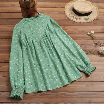 Бохемската празнична риза с къдри ZANZEA За жени Реколта блуза с флорални принтом Пролетта вечерни блузи с дълъг ръкав, Ежедневна туника Blusas