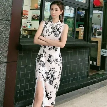 Модни дамски секси дантелени рокли Рокля в китайски стил Ретро Дама Елегантен Тънък Qipao Ретро бар Дебнещ сладки вечерни рокли