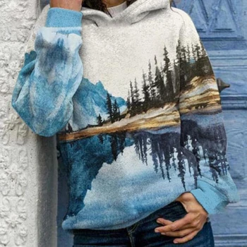 Плюс Размера на Дамски блузи Модерен Планински Пейзаж пуловер с принтом Hoody с дълъг ръкав Есен Зима Топли Блузи с качулка Свободни