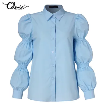 Celmia Стилни блузи 2021 За жени пролет ръкав-обикновен фенер блузи, Ежедневни отвороты Свободни копчета Елегантни ризи ДР Улични блузи