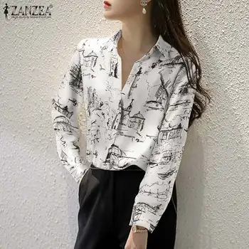 ZANZEA 2022 Дамски пролетни блузи с принтом за работа в офис OL Ежедневни Блузи с дълъг ръкав Blusas Дамска туника с ревера на врата Риза негабаритная