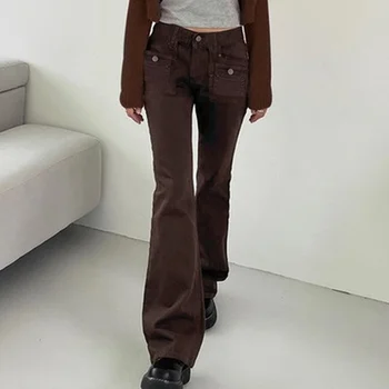 Кафяви обикновена дънки Y2K с ниска талия, лоскутные джобове, гръндж, разкроена панталони, дамски Реколтата естетически спортни панталони 90-те години