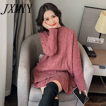 JXMYY 2021 Есента И Зимата Нова Мода Корейски Ttwist Пуловер Пуловер + Пола-Полукомбинезон Свободен Костюм в лениво стил За жени
