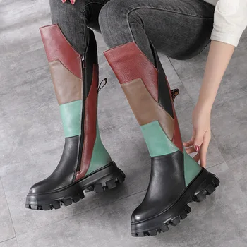 Johnature дълги Зимни ботуши Дамски обувки от естествена кожа, Плюш топли с кръгло бомбе Многоцветни Шевни ботуши с цип 2021 г. Нови обувки на платформа