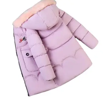 Зимни дрехи за момичета от 3 до 11 години За малките деца Дълго палто върху памучна подплата с голям кожа яка с цип, с качулка За деца удебелена топло яке