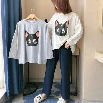 Хоучжоу Пижамный комплект За жени, Дрехи за почивка Moon Cat Карикатура Печат Пижами Kwaii Сладки Панталони с дълъг ръкав и кръгло деколте Пижами Есен