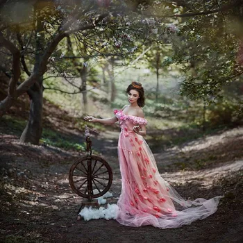Елегантна розова рокля за абитуриентски бал с накъдрен с открити рамене от тюл, мило цвете рокля за жените, рокля за фотосесия, Вечерна рокля с дължина до пода